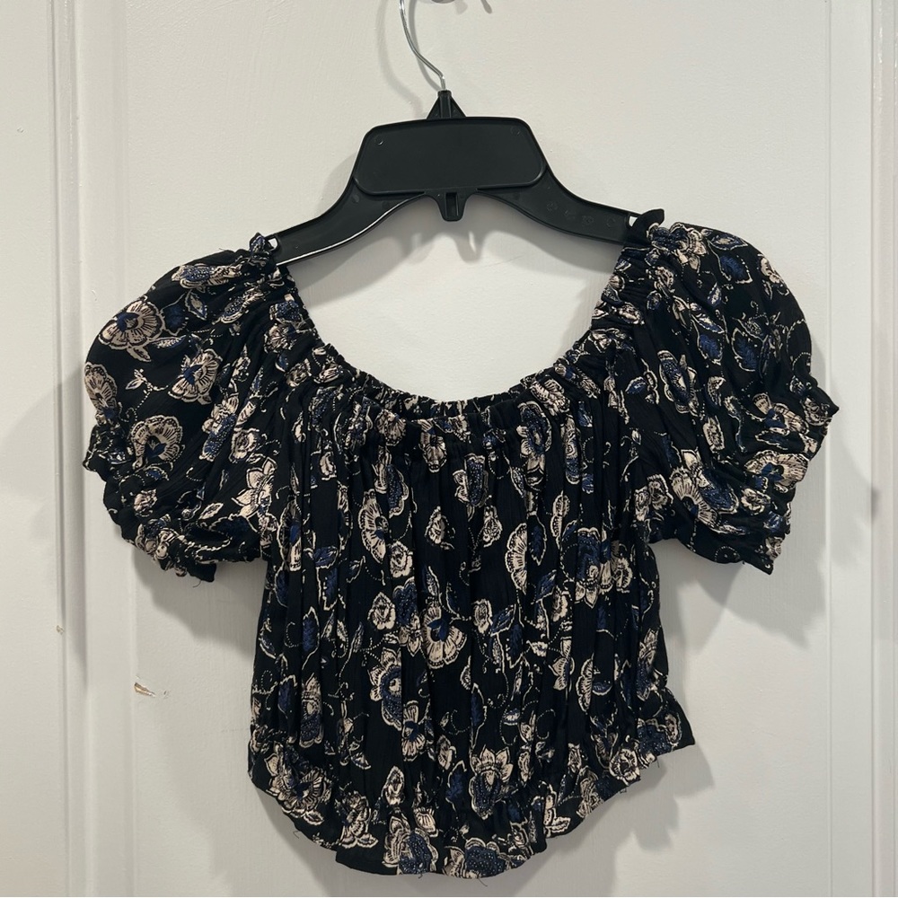 Aqua Patterned Black Blue Beige Off The Shoulder Top